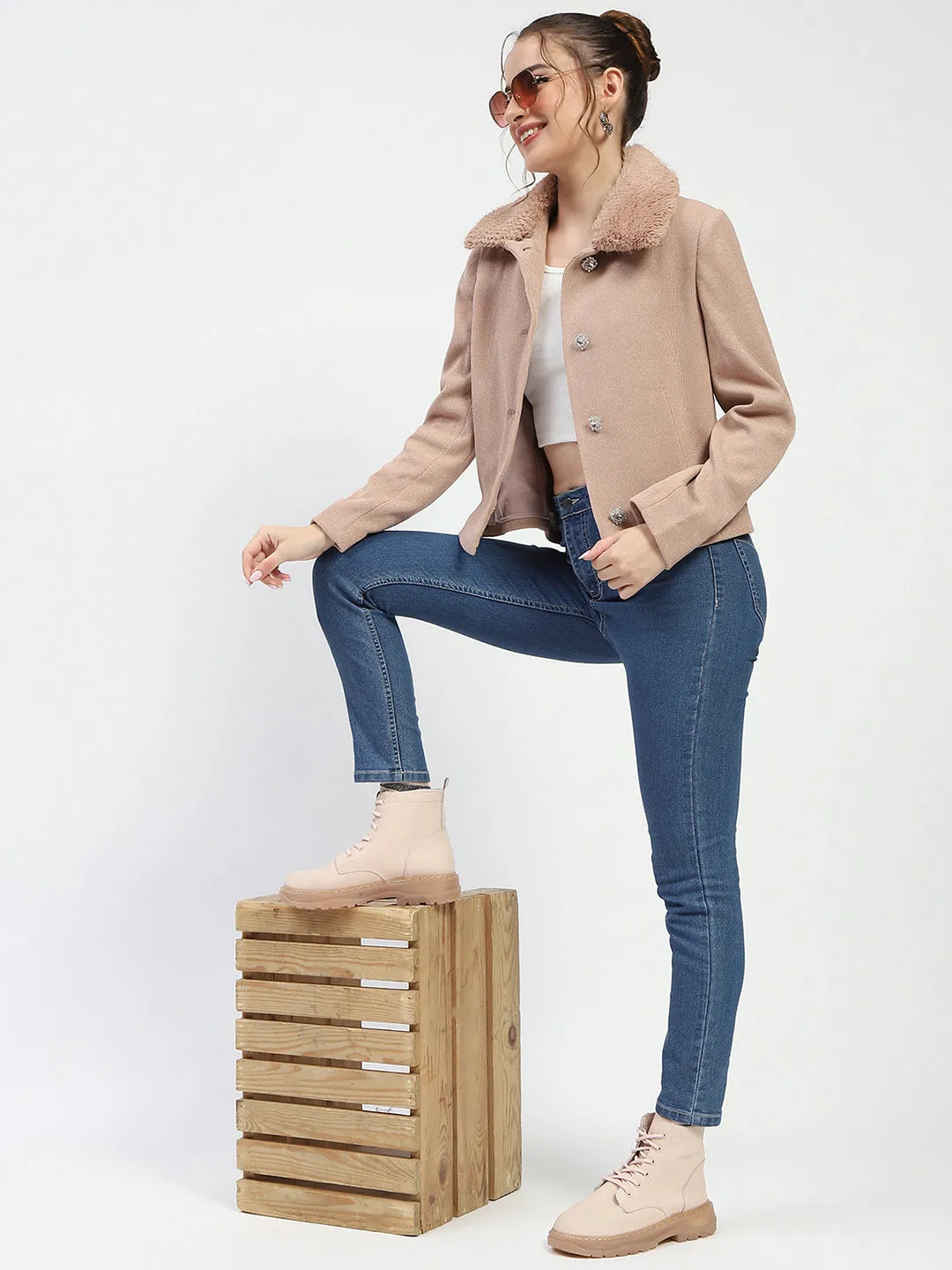 Madame Beige Coat with Faux Fur Collar