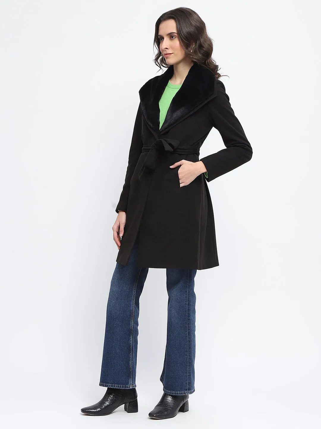 Madame Collared Faux Fur Applique Belted Black Long Coat