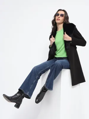 Madame Collared Faux Fur Applique Belted Black Long Coat