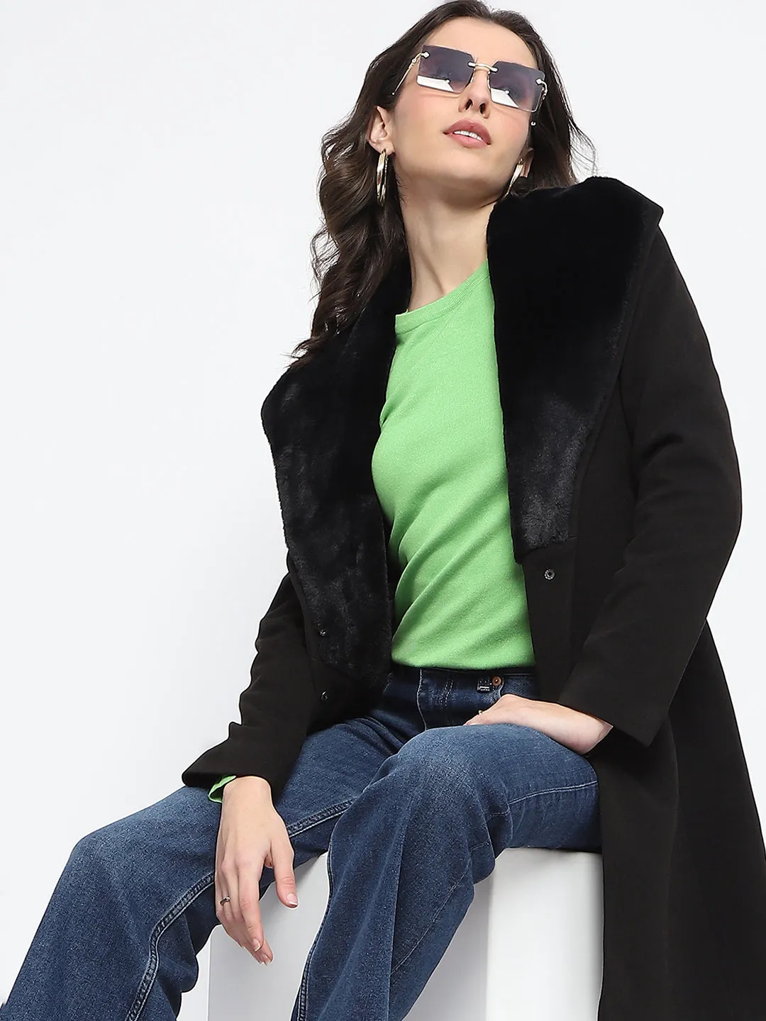 Madame Collared Faux Fur Applique Belted Black Long Coat