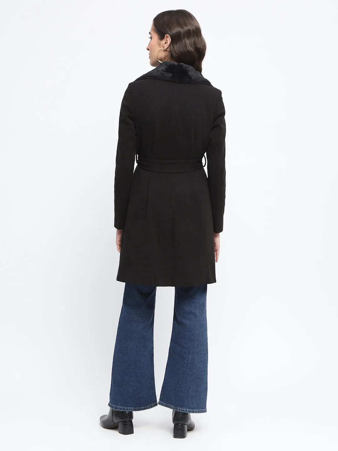 Madame Collared Faux Fur Applique Belted Black Long Coat