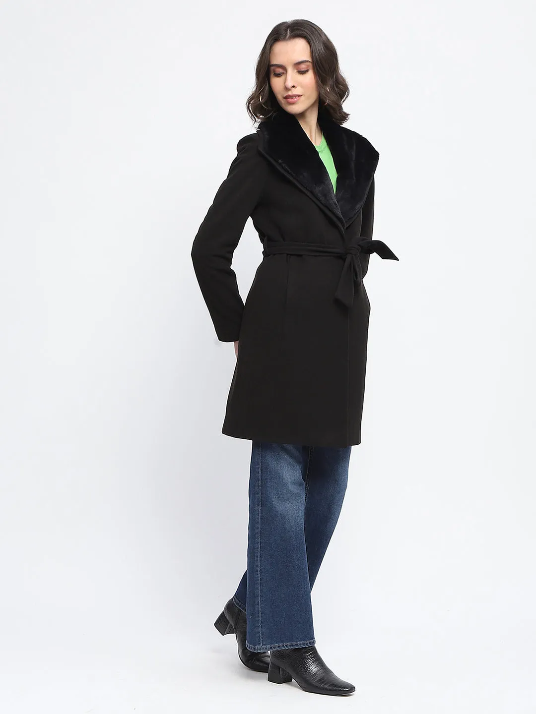 Madame Collared Faux Fur Applique Belted Black Long Coat
