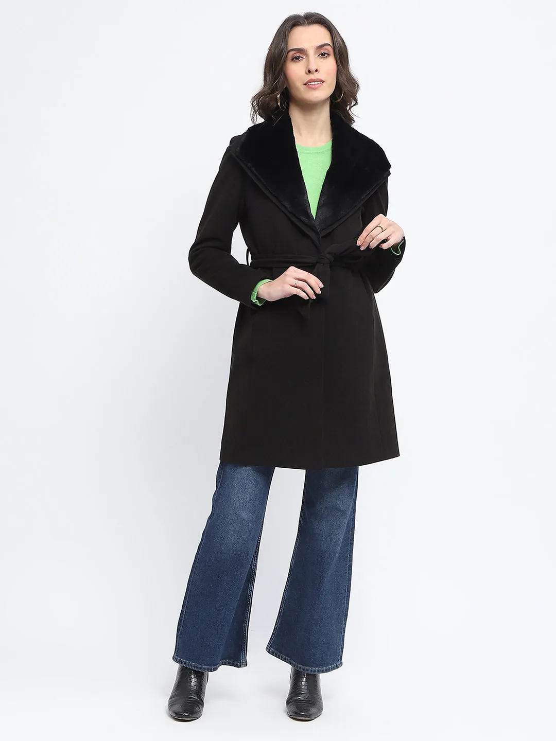 Madame Collared Faux Fur Applique Belted Black Long Coat