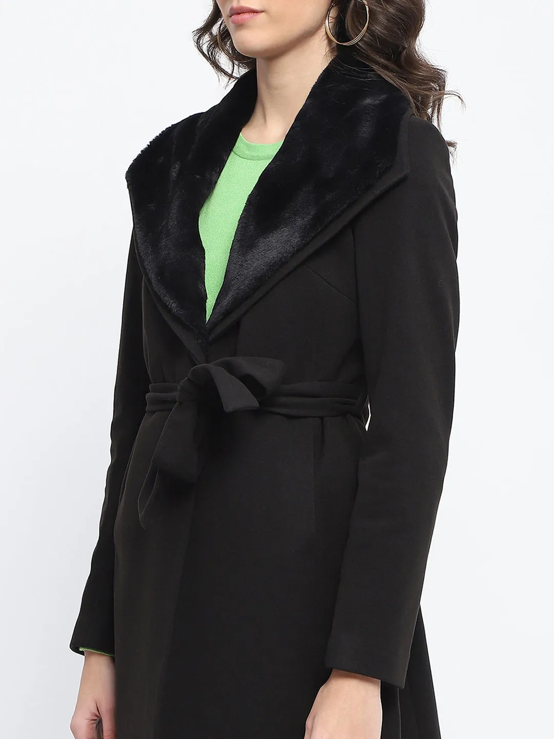 Madame Collared Faux Fur Applique Belted Black Long Coat