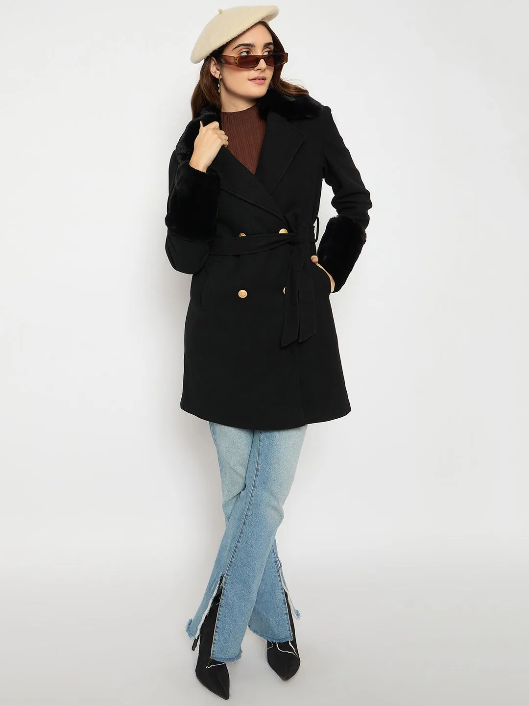 Madame Faux Fur Appliqué Double Breasted Black Long Coat