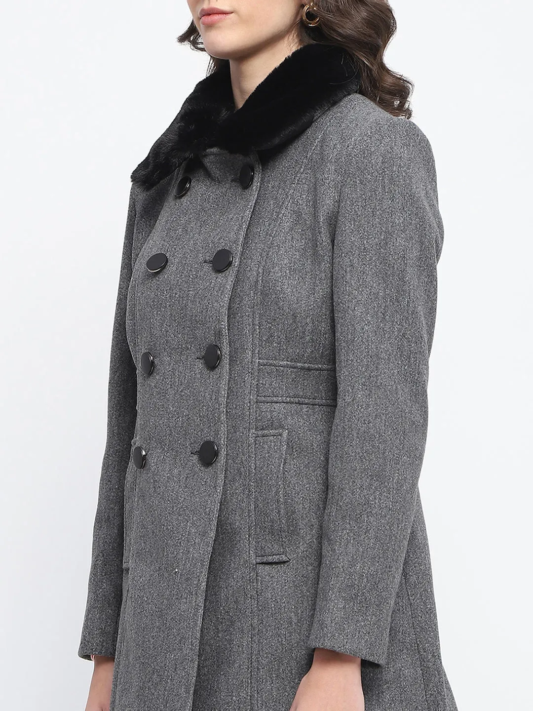 Madame Faux Fur Collar Double Breasted Anthra Long Coat