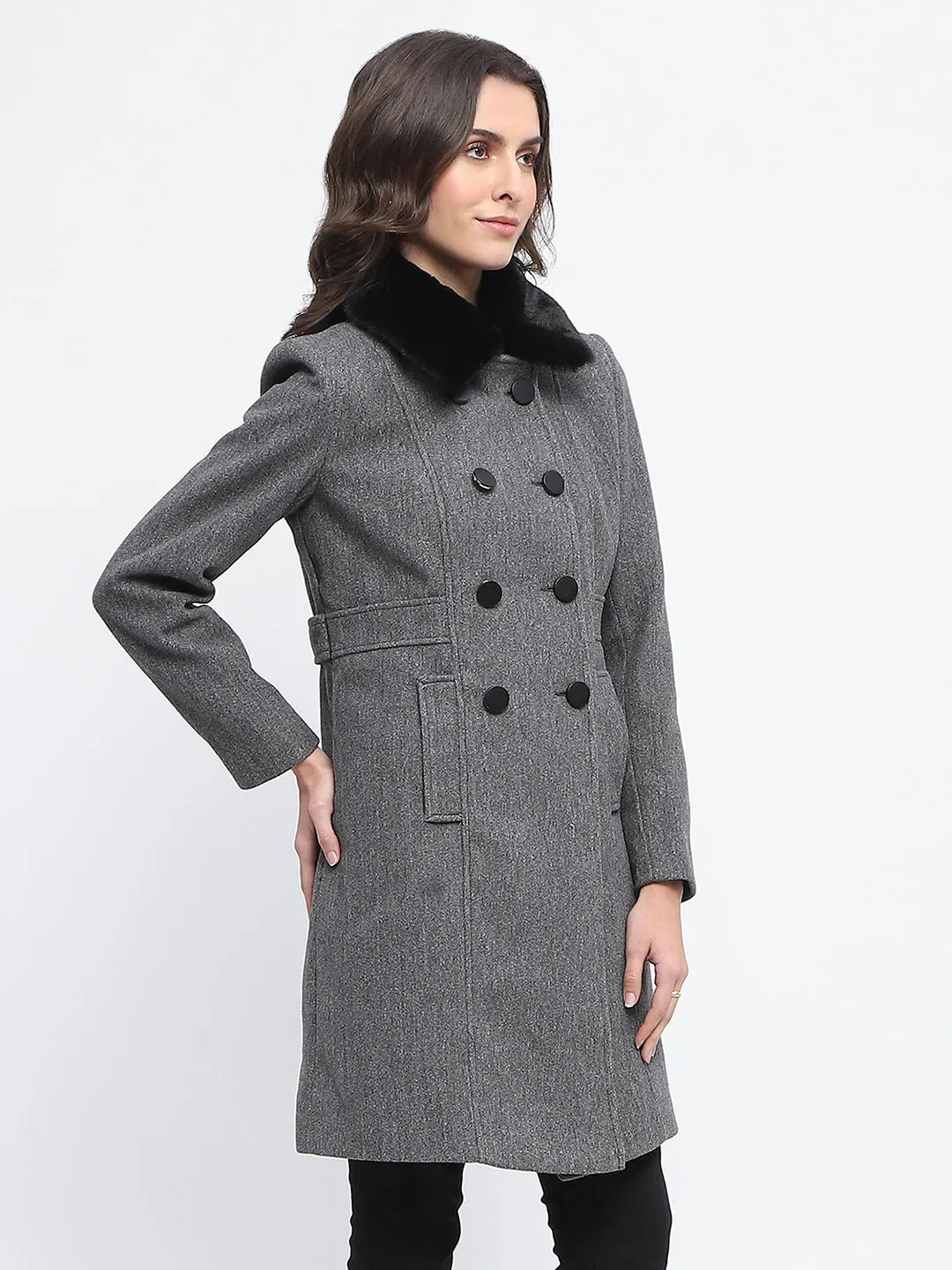 Madame Faux Fur Collar Double Breasted Anthra Long Coat