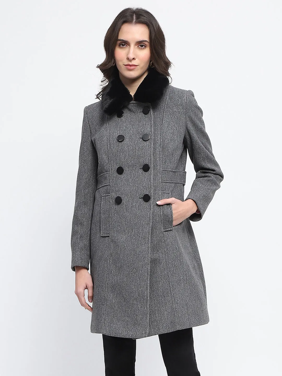 Madame Faux Fur Collar Double Breasted Anthra Long Coat
