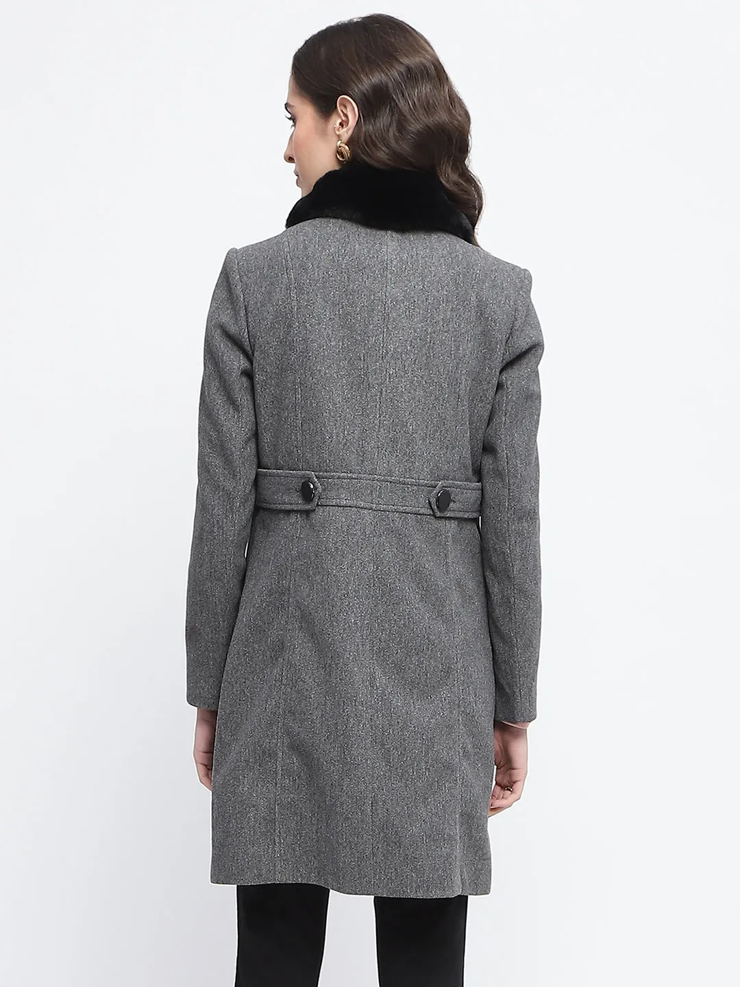 Madame Faux Fur Collar Double Breasted Anthra Long Coat