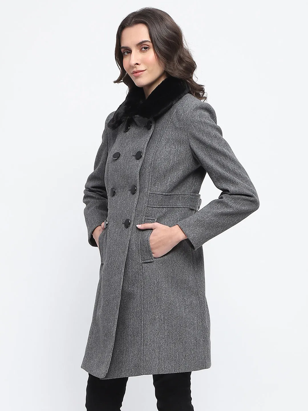 Madame Faux Fur Collar Double Breasted Anthra Long Coat
