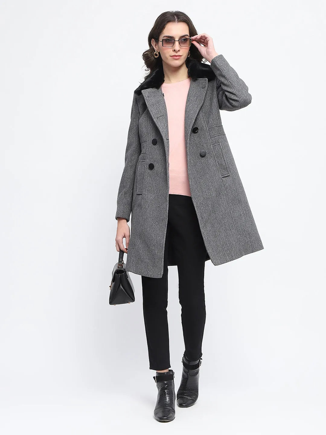 Madame Faux Fur Collar Double Breasted Anthra Long Coat
