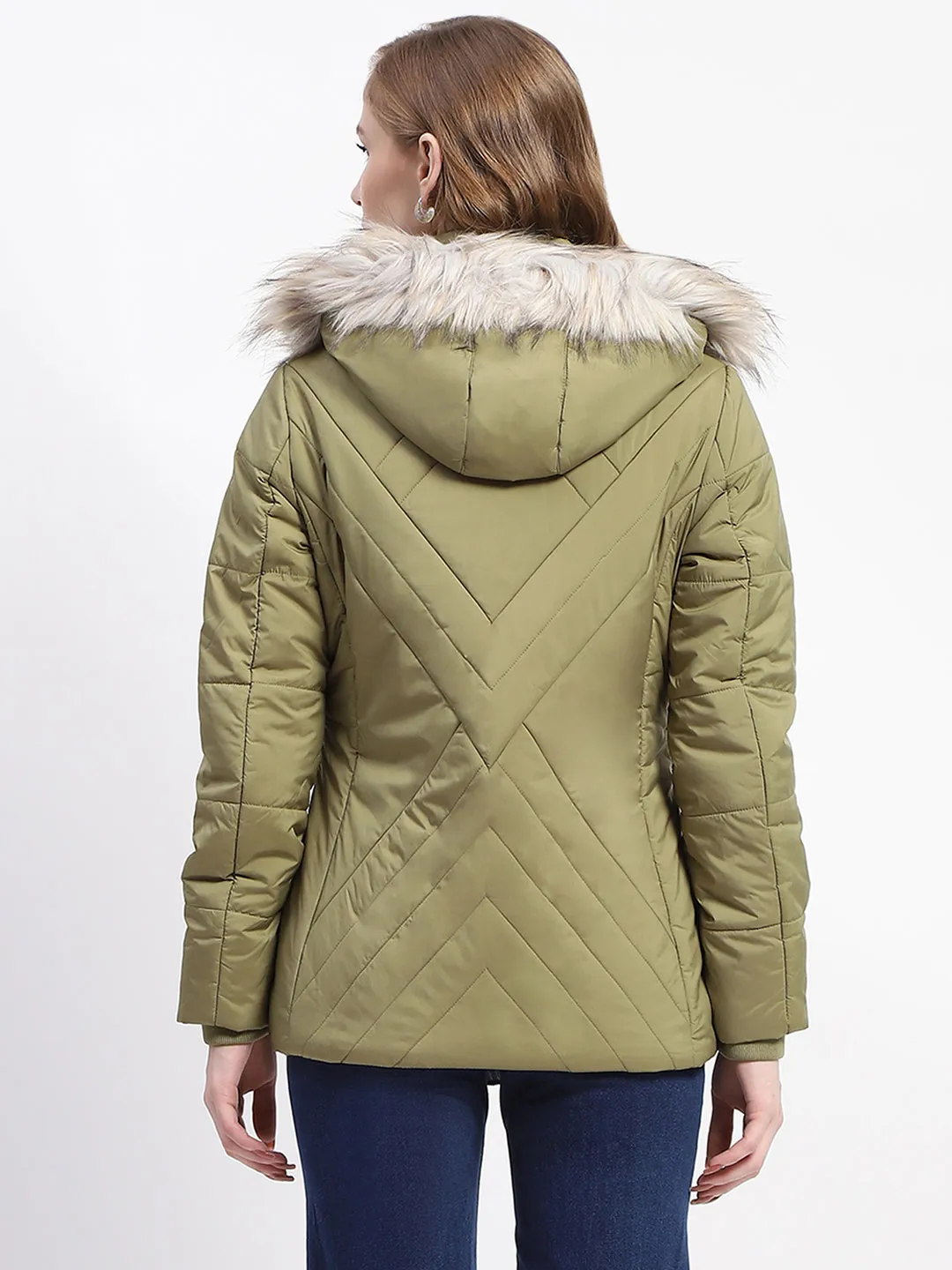Madame Faux Fur Quilted Apple Green High Collar Puffer Jacket