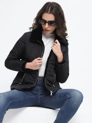 Madame Fur Detailed Collar Quilted Black Short Jacket