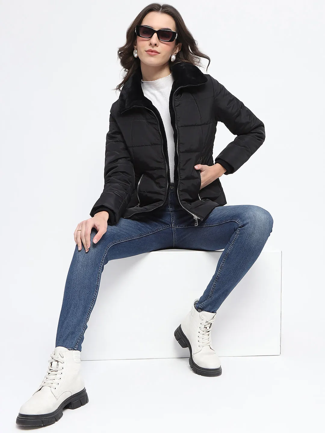 Madame Fur Detailed Collar Quilted Black Short Jacket