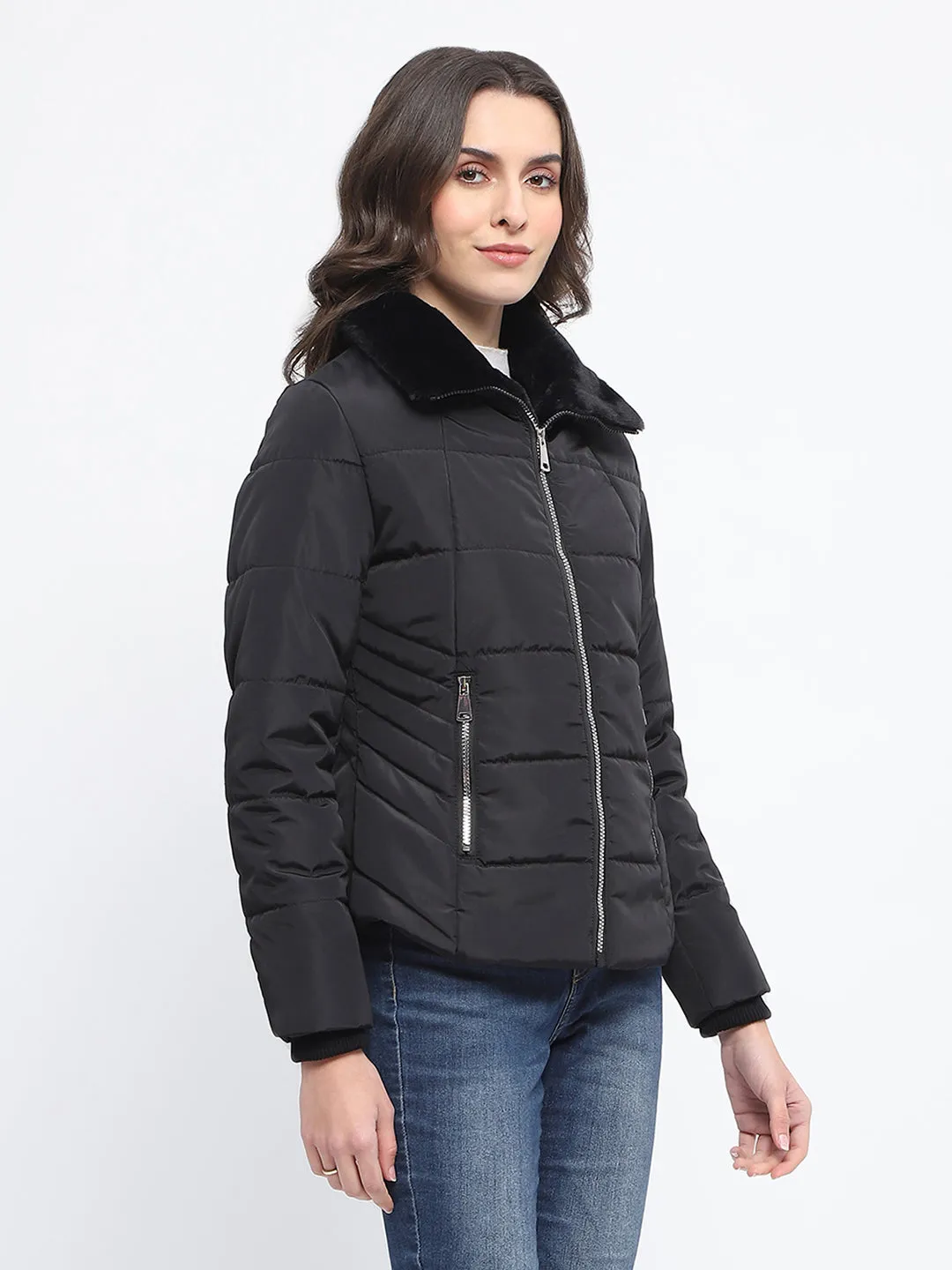 Madame Fur Detailed Collar Quilted Black Short Jacket