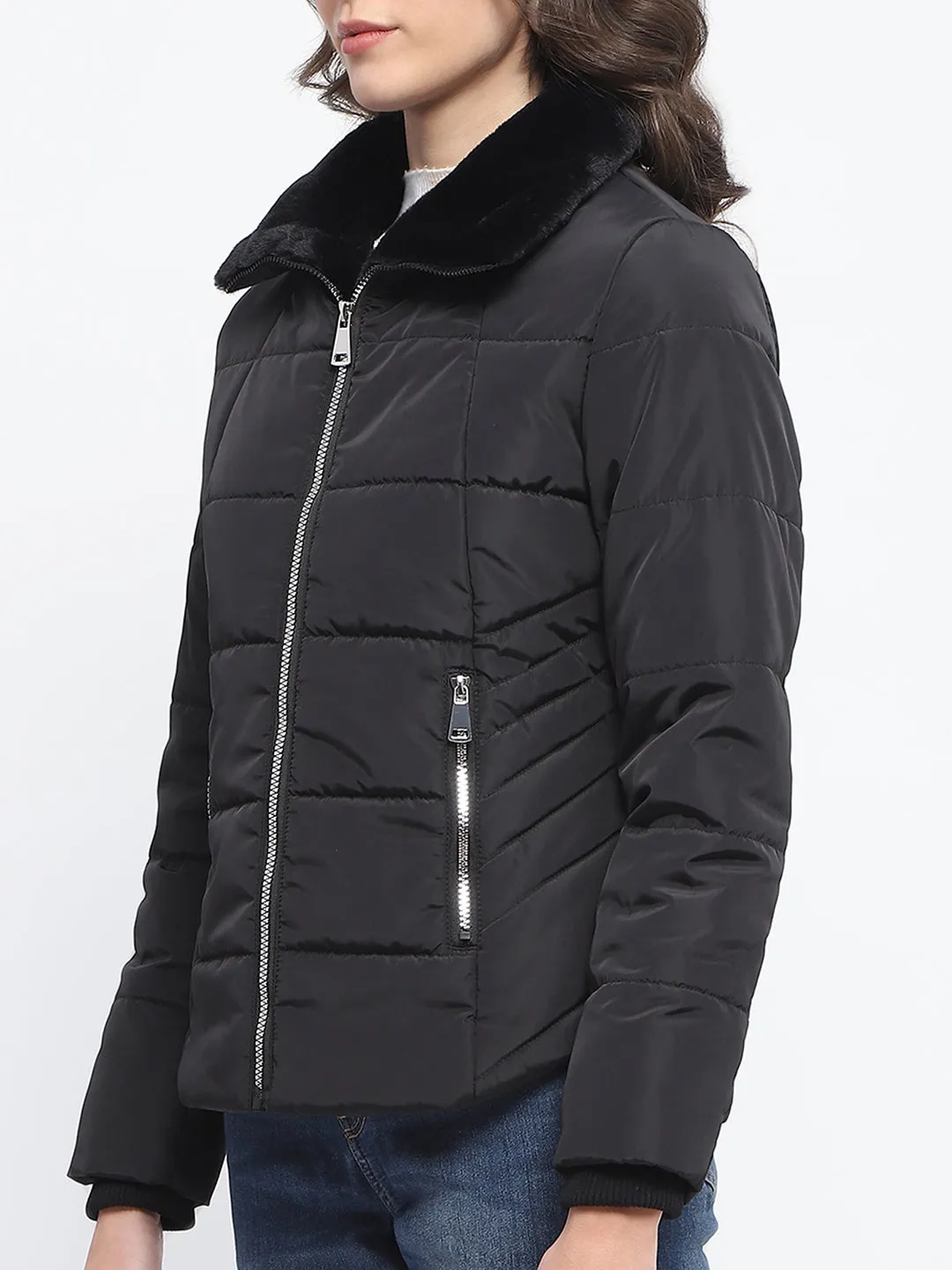 Madame Fur Detailed Collar Quilted Black Short Jacket