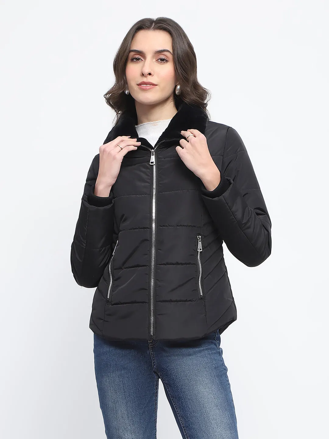 Madame Fur Detailed Collar Quilted Black Short Jacket