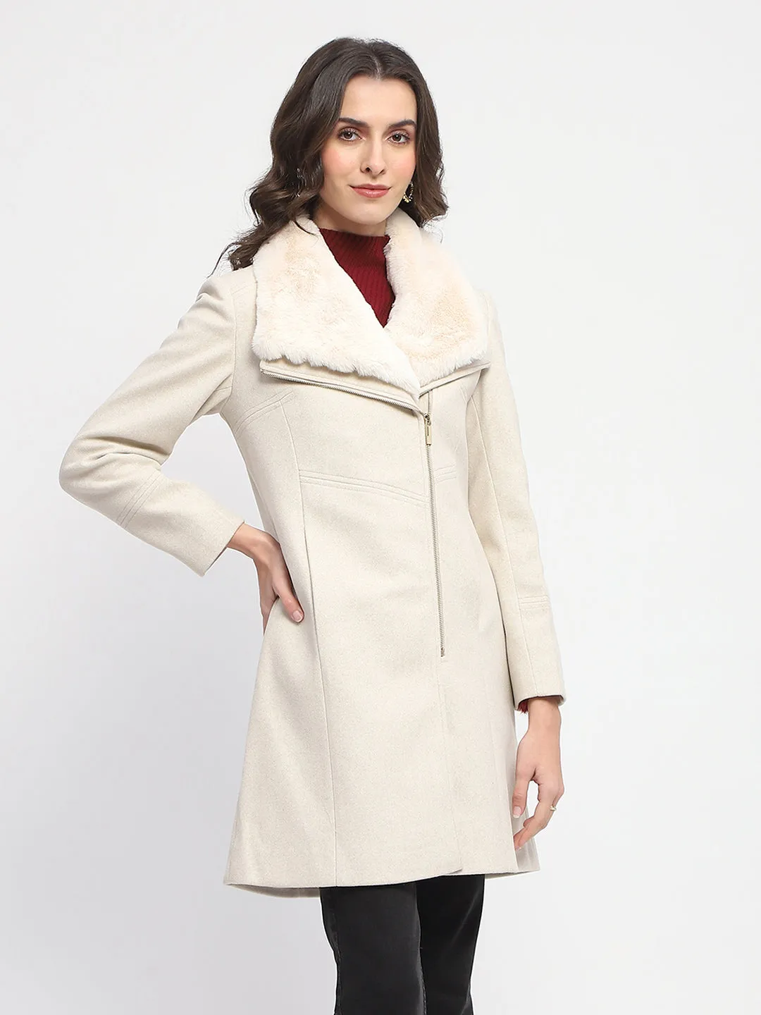 Madame Lapel Collared Faux Fur Applique Belted Off White Long Coat