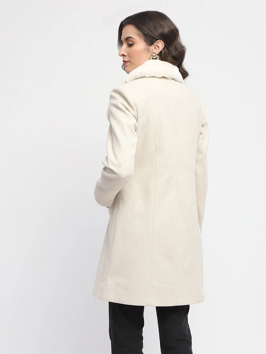 Madame Lapel Collared Faux Fur Applique Belted Off White Long Coat