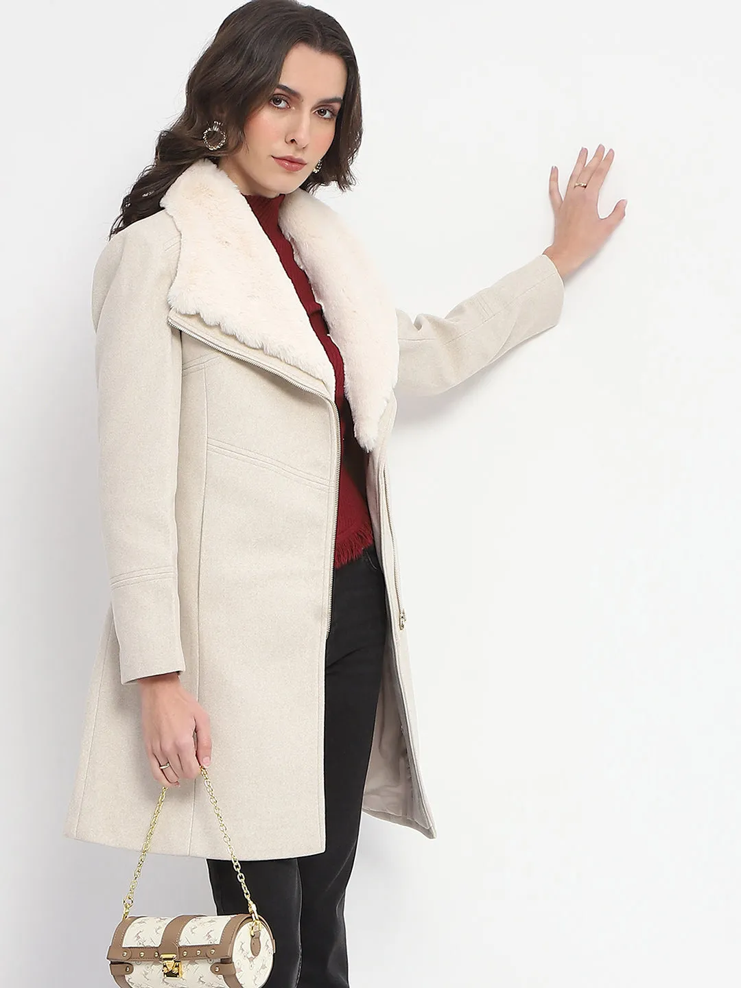 Madame Lapel Collared Faux Fur Applique Belted Off White Long Coat