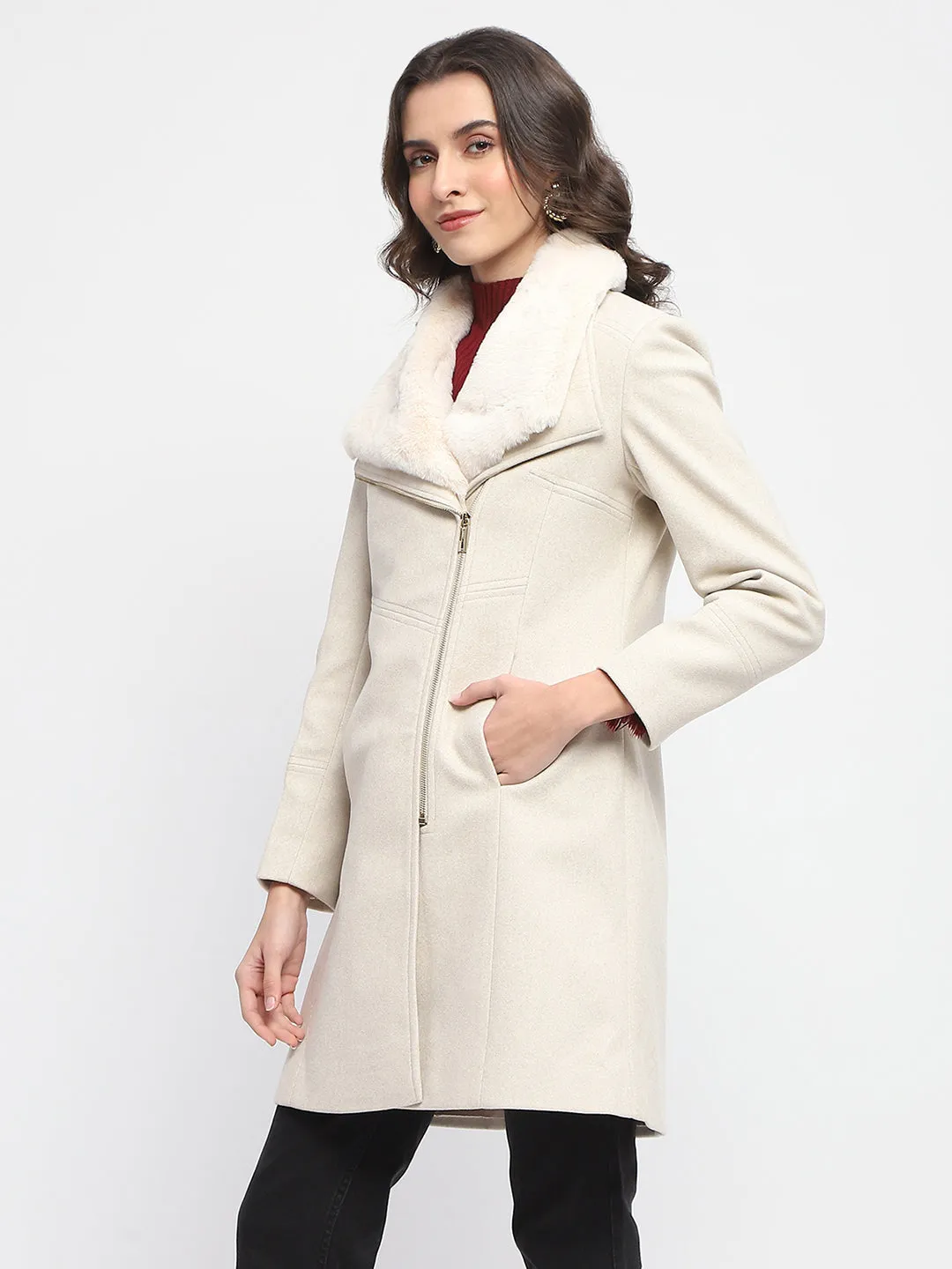 Madame Lapel Collared Faux Fur Applique Belted Off White Long Coat