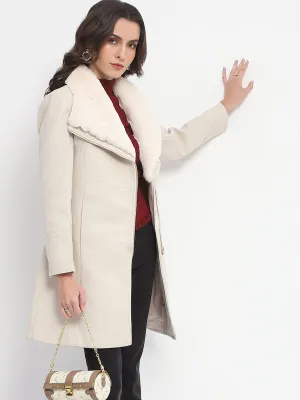 Madame Lapel Collared Faux Fur Applique Belted Off White Long Coat