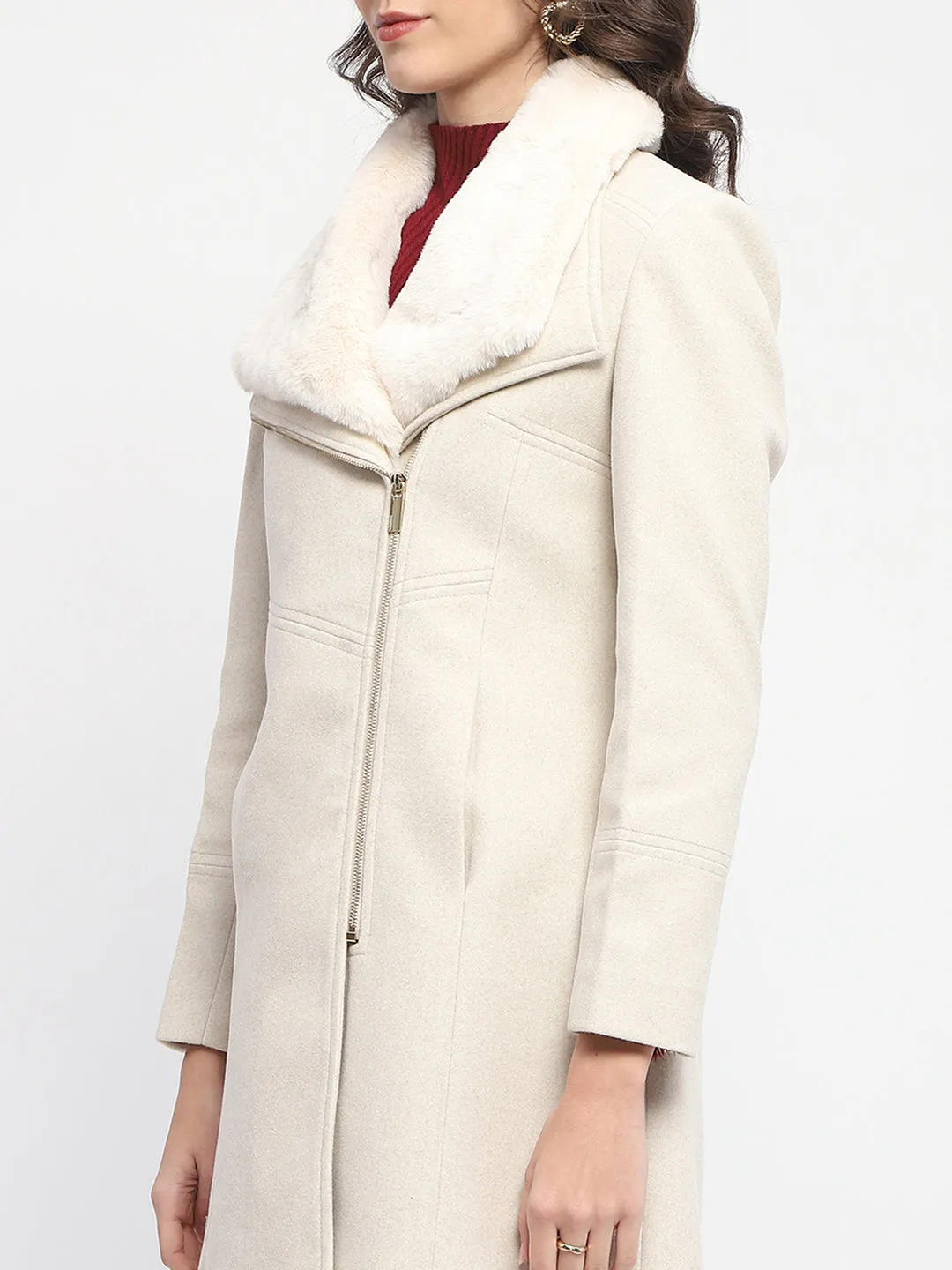 Madame Lapel Collared Faux Fur Applique Belted Off White Long Coat