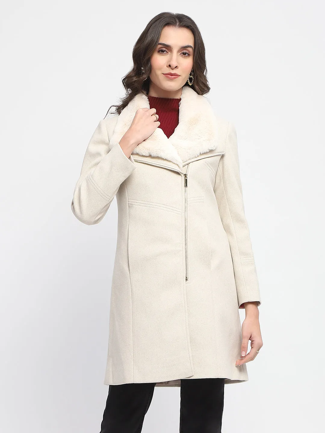 Madame Lapel Collared Faux Fur Applique Belted Off White Long Coat