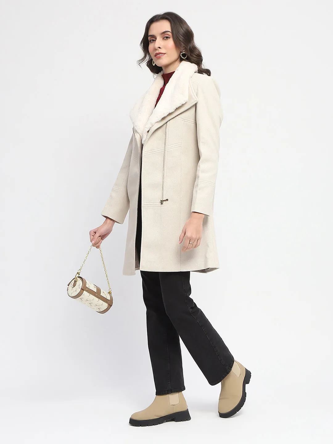 Madame Lapel Collared Faux Fur Applique Belted Off White Long Coat