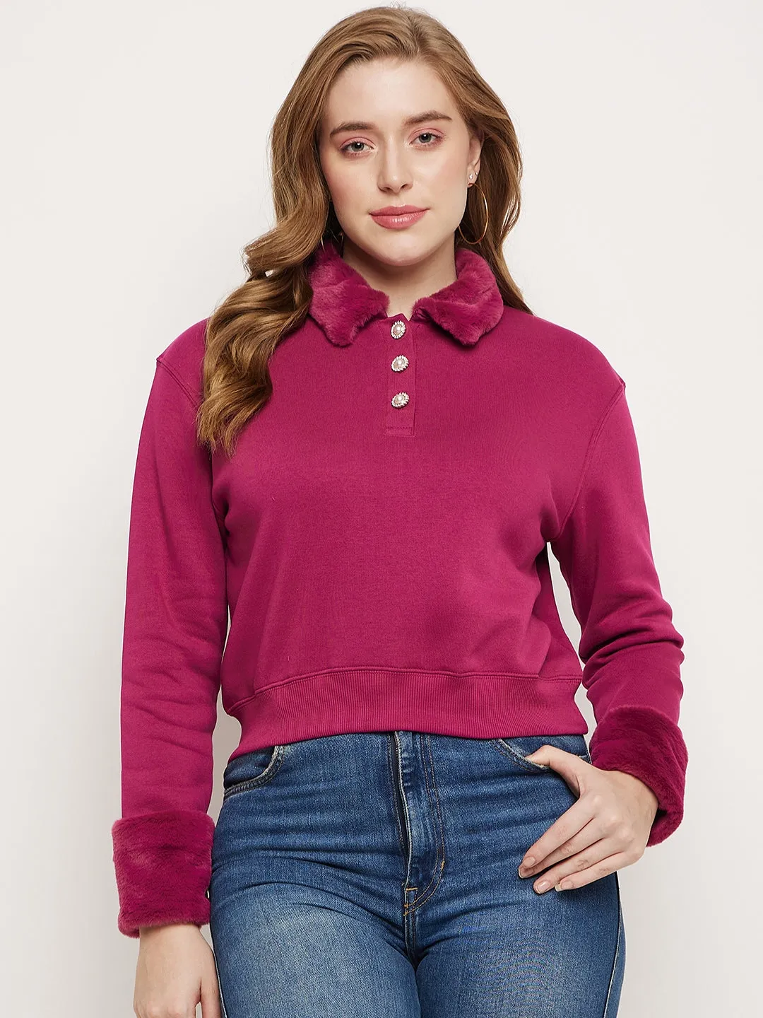 Madame Plum Faux Fur Collared Crop Sweatshirt