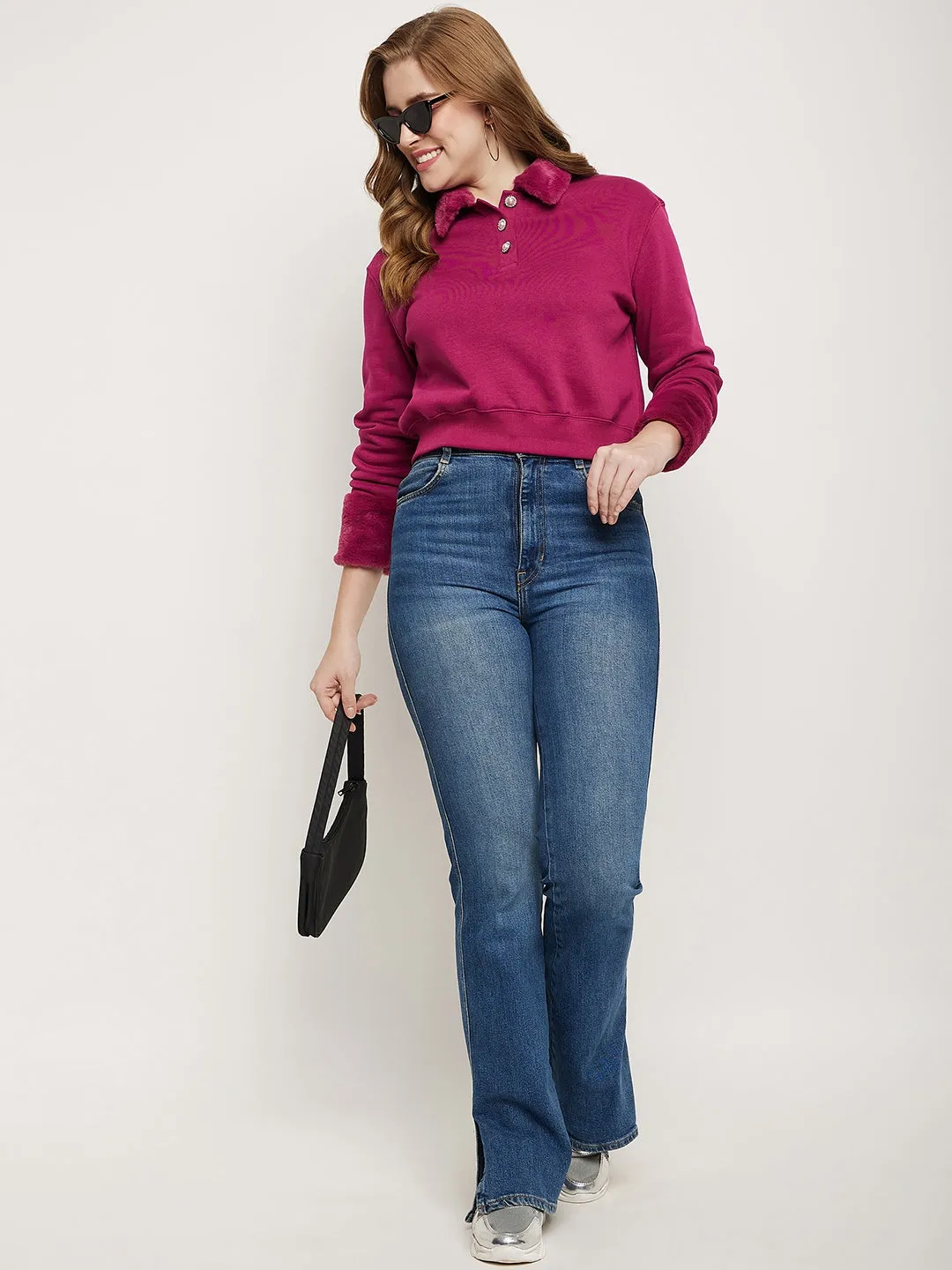 Madame Plum Faux Fur Collared Crop Sweatshirt
