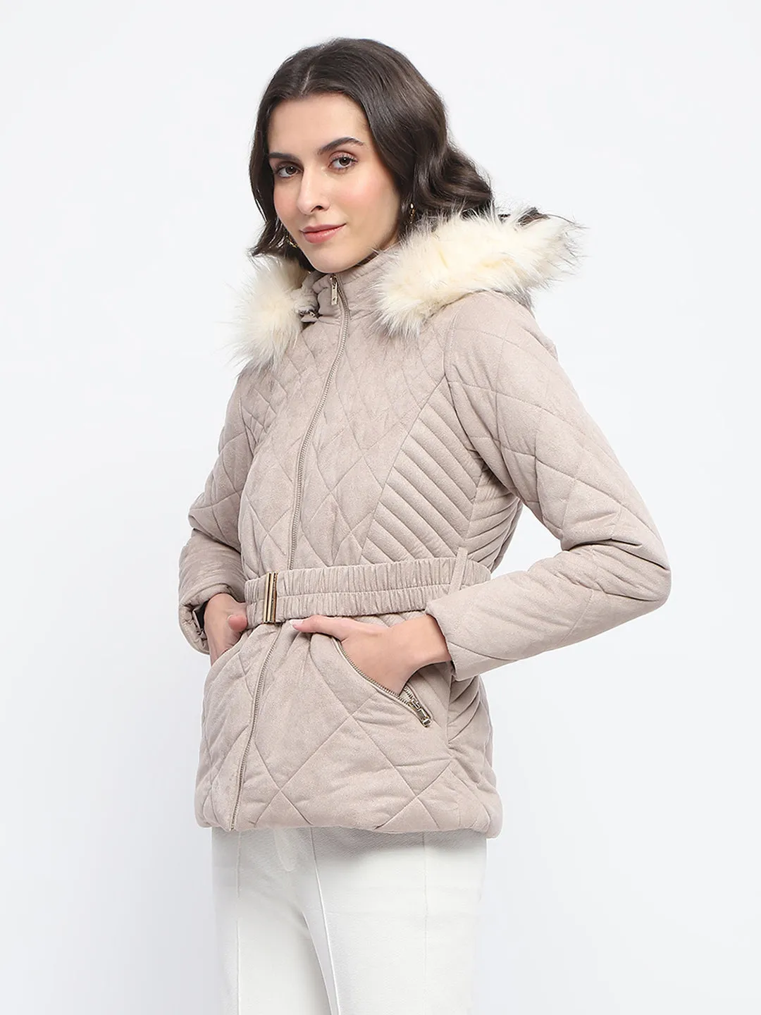 Madame Suede Fur Hooded Brown Quilted Jacket