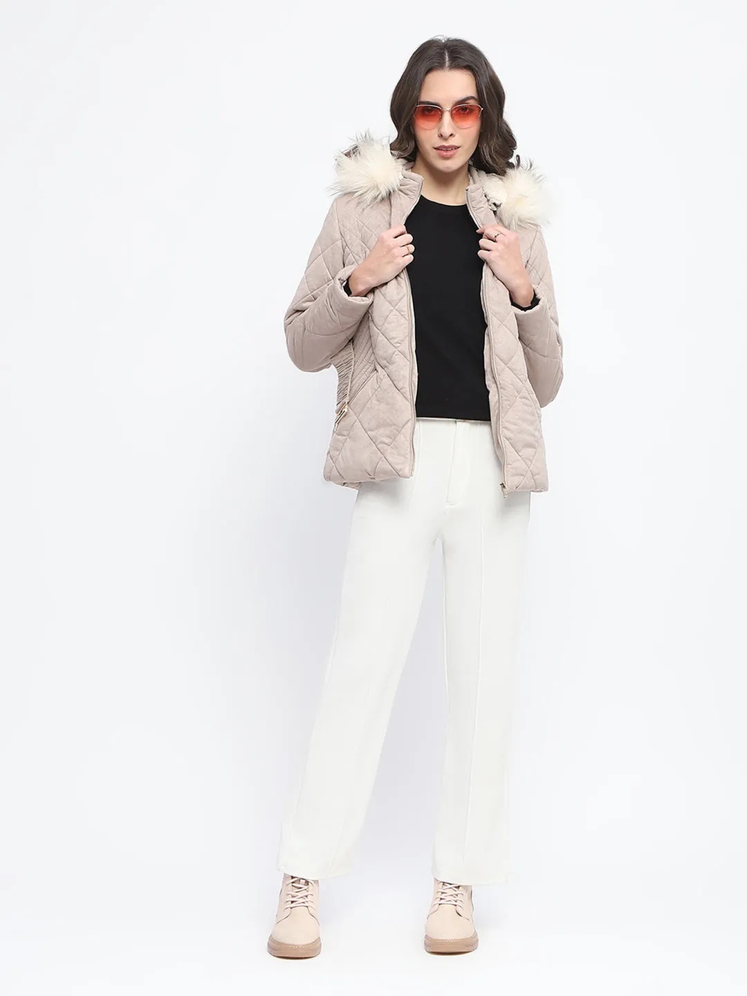 Madame Suede Fur Hooded Brown Quilted Jacket