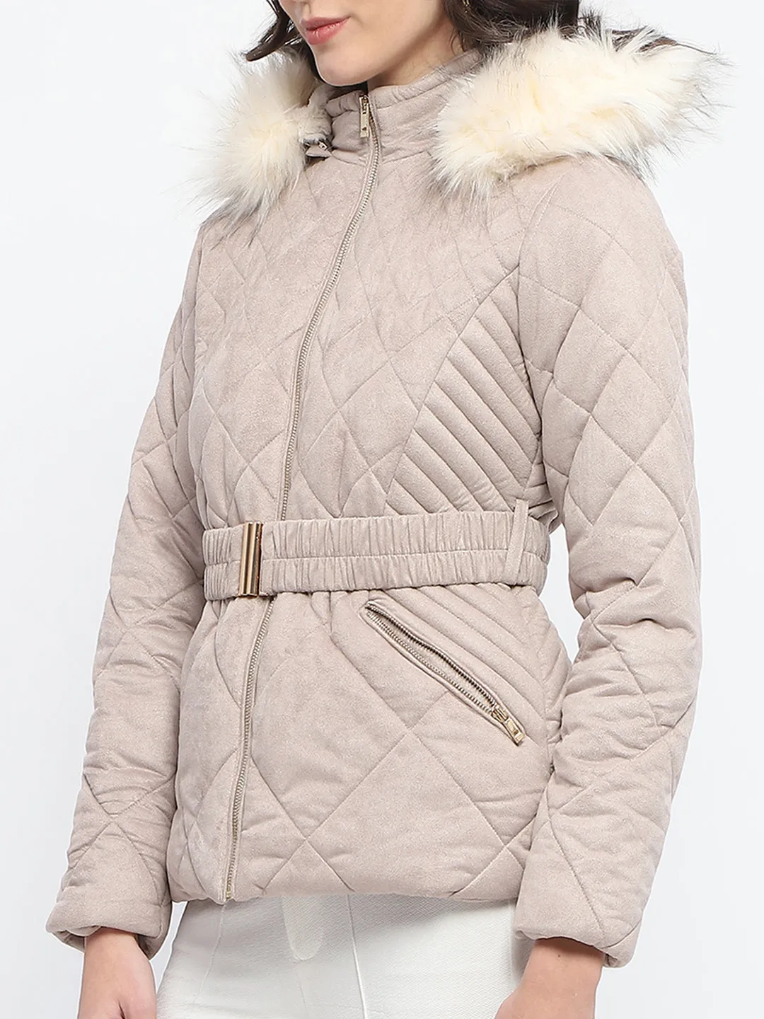 Madame Suede Fur Hooded Brown Quilted Jacket