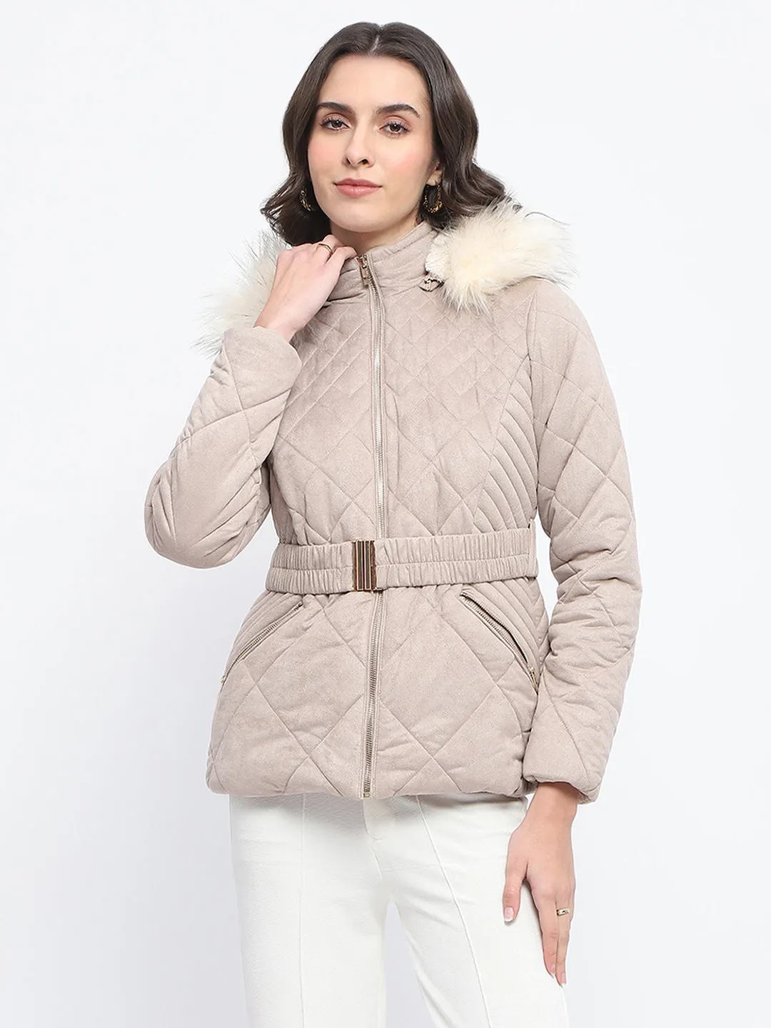 Madame Suede Fur Hooded Brown Quilted Jacket