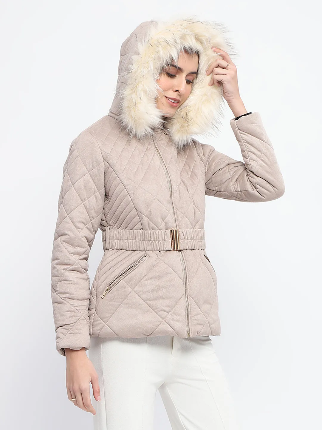 Madame Suede Fur Hooded Brown Quilted Jacket