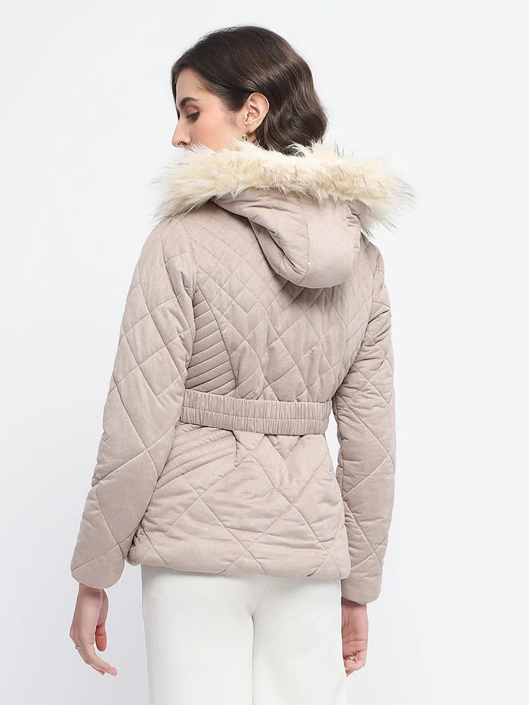 Madame Suede Fur Hooded Brown Quilted Jacket