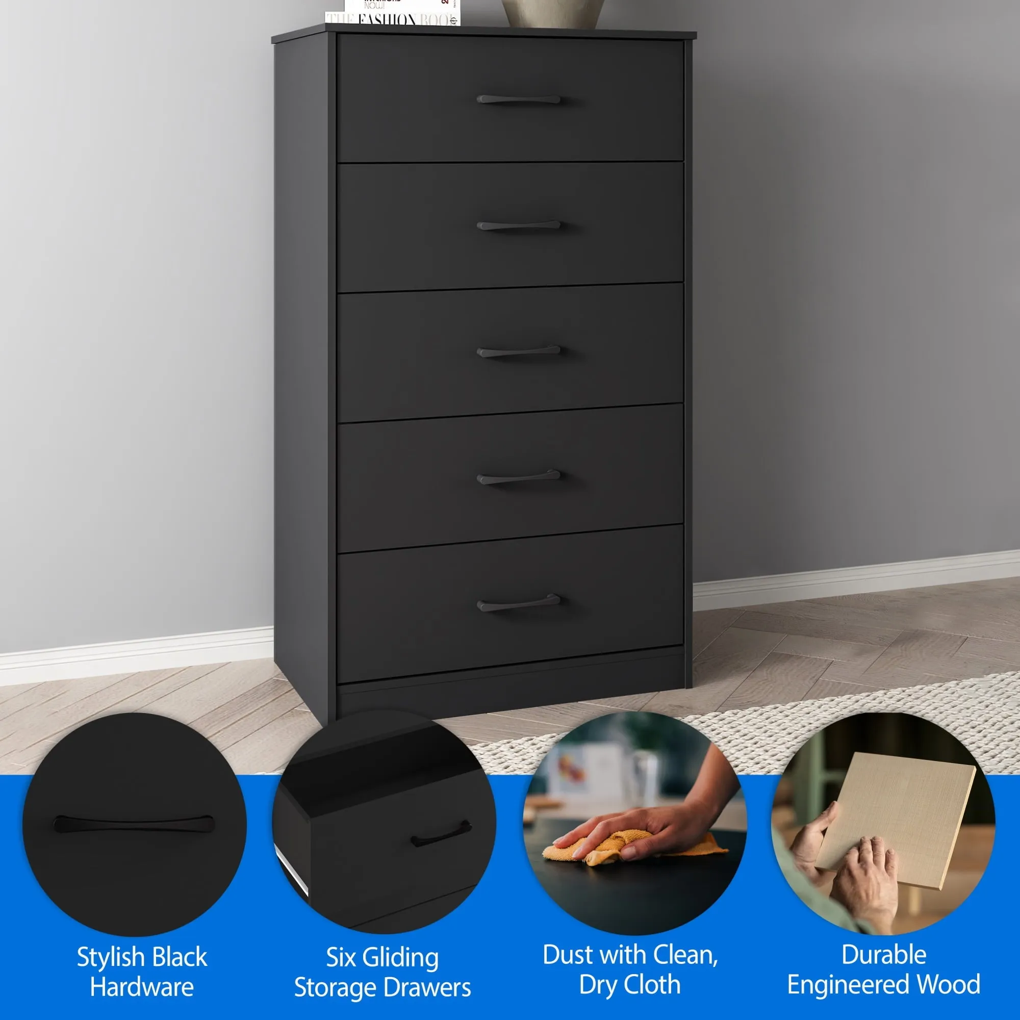 Mainstays Ardent 5 Drawer Dresser, Black - new