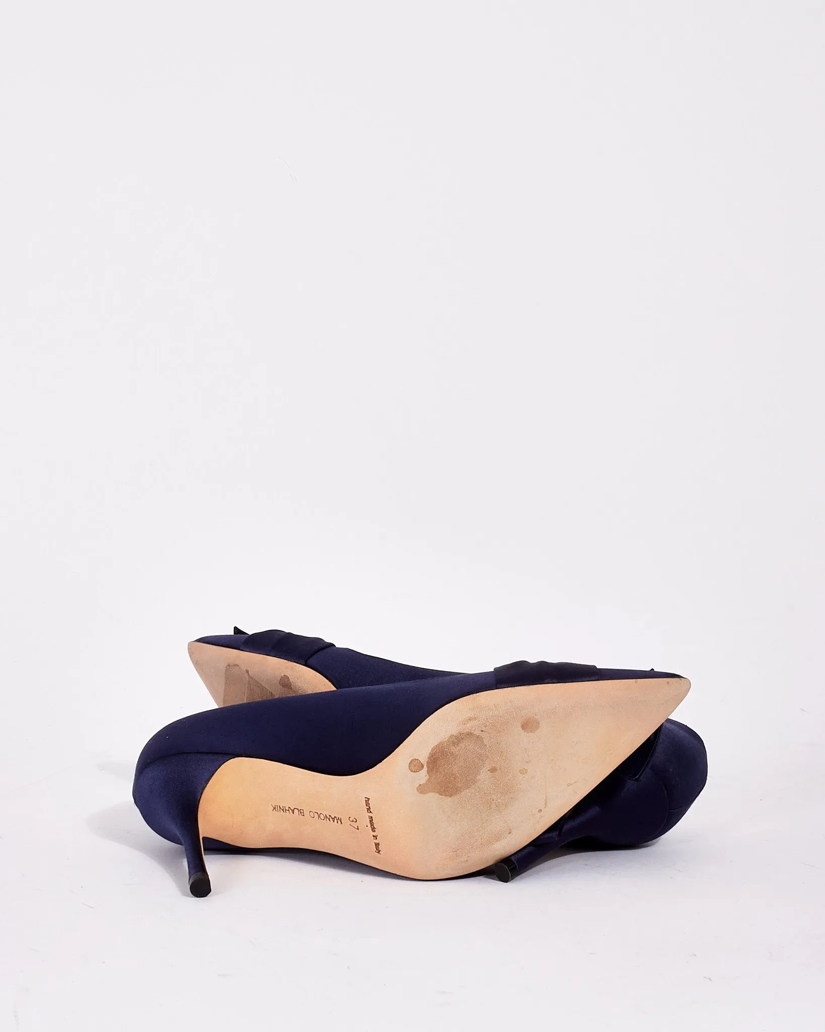 Manolo Blahnik Navy Satin Bow Point Toe Pumps - 37
