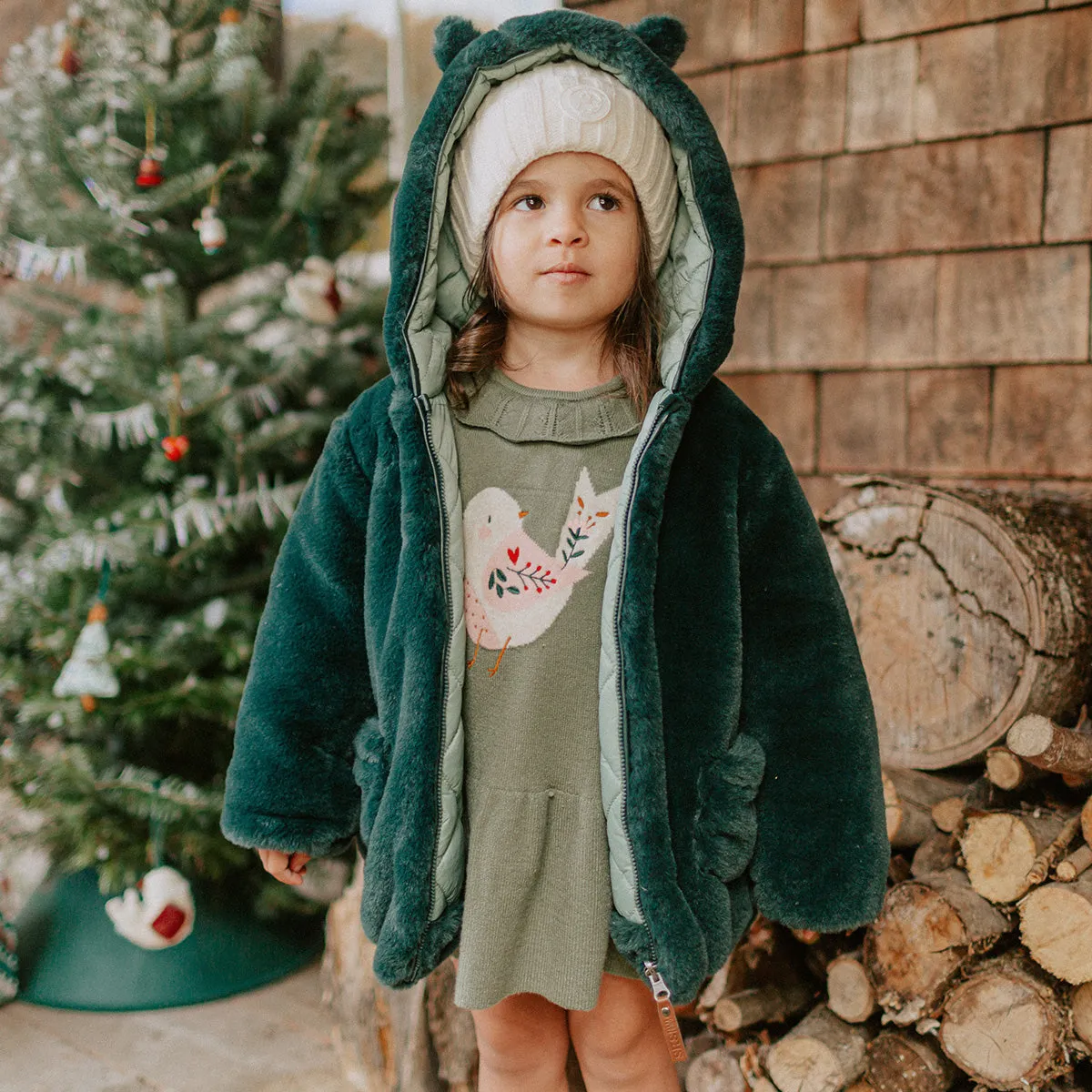 Manteau vert en fausse fourrure réversible, bébé || Reversible faux fur green coat, baby