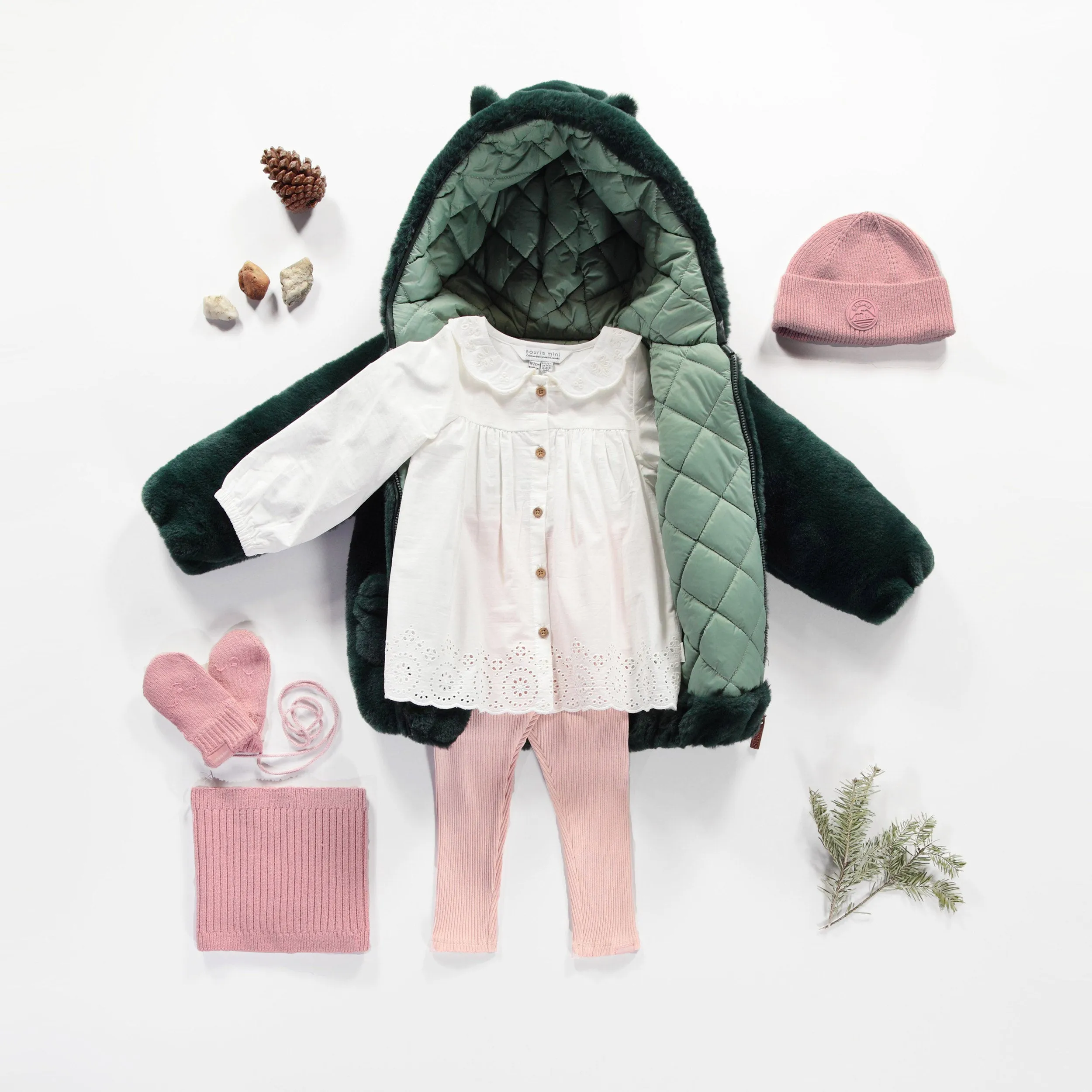 Manteau vert en fausse fourrure réversible, bébé || Reversible faux fur green coat, baby