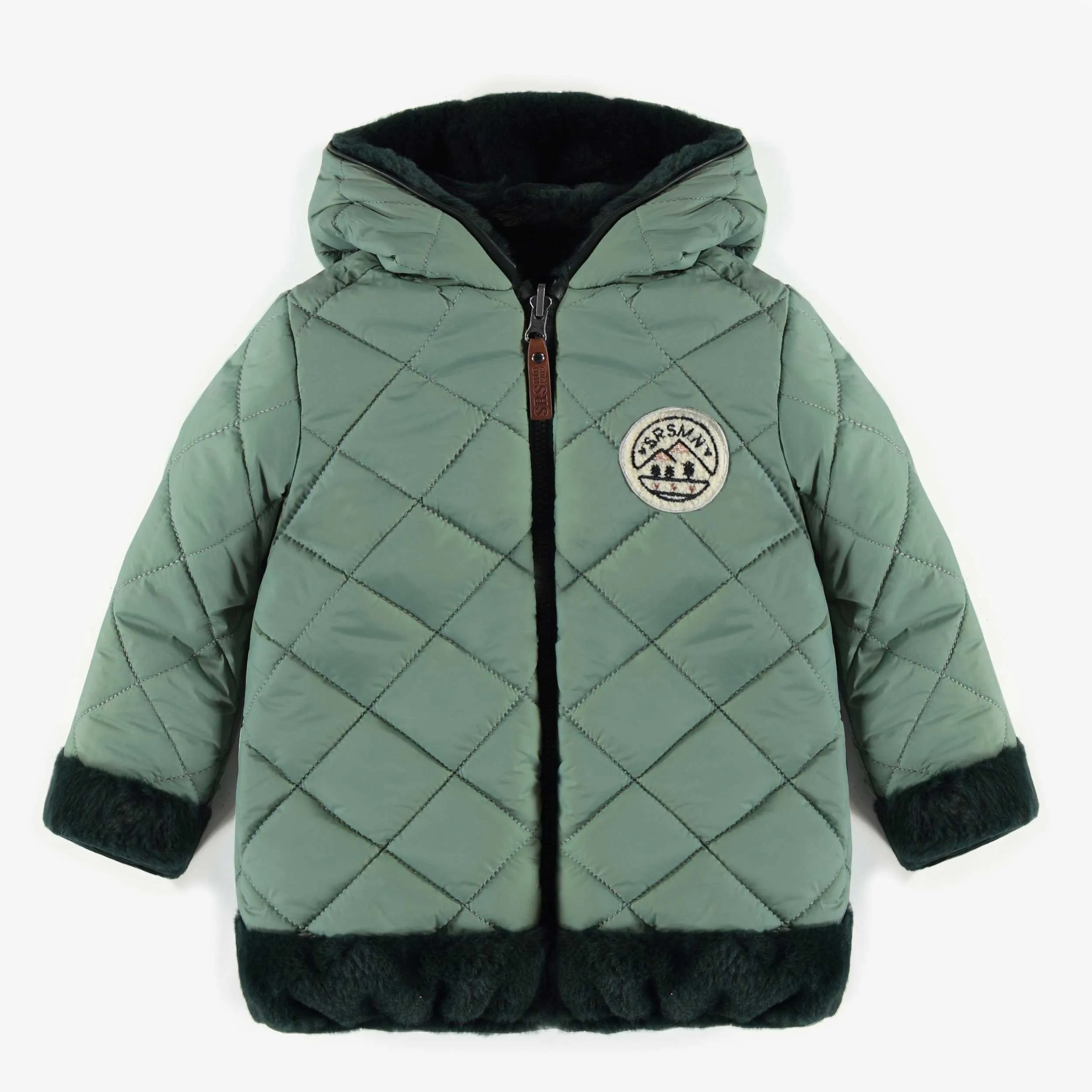 Manteau vert en fausse fourrure réversible, bébé || Reversible faux fur green coat, baby