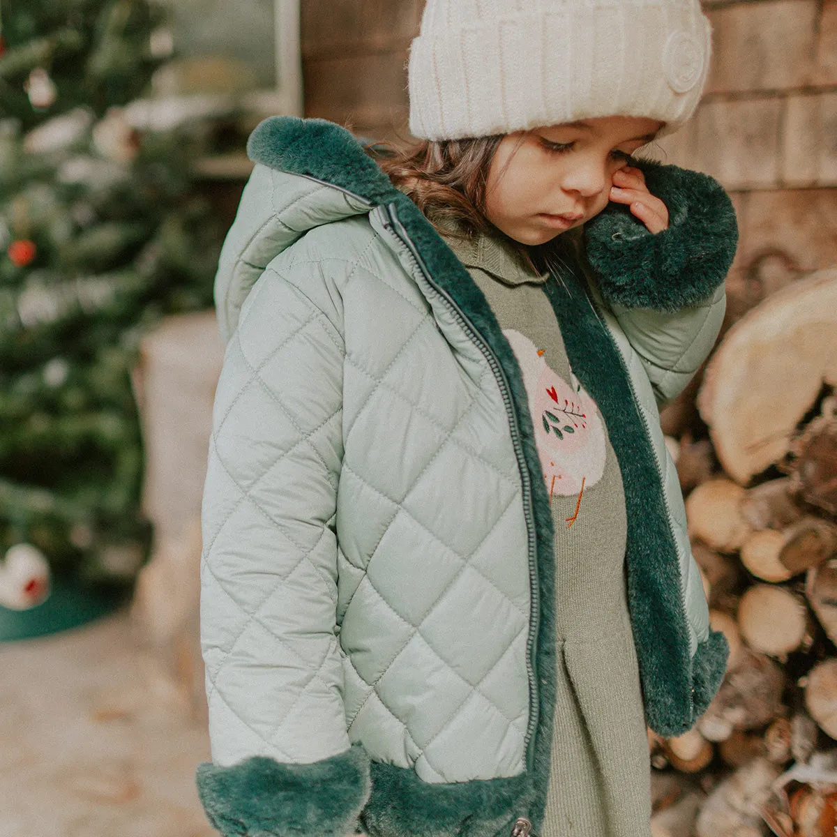 Manteau vert en fausse fourrure réversible, bébé || Reversible faux fur green coat, baby