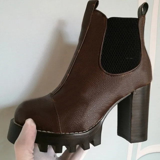 Mixed Colors Women High Heel Ankle Boots Round Toe Thick Bottom