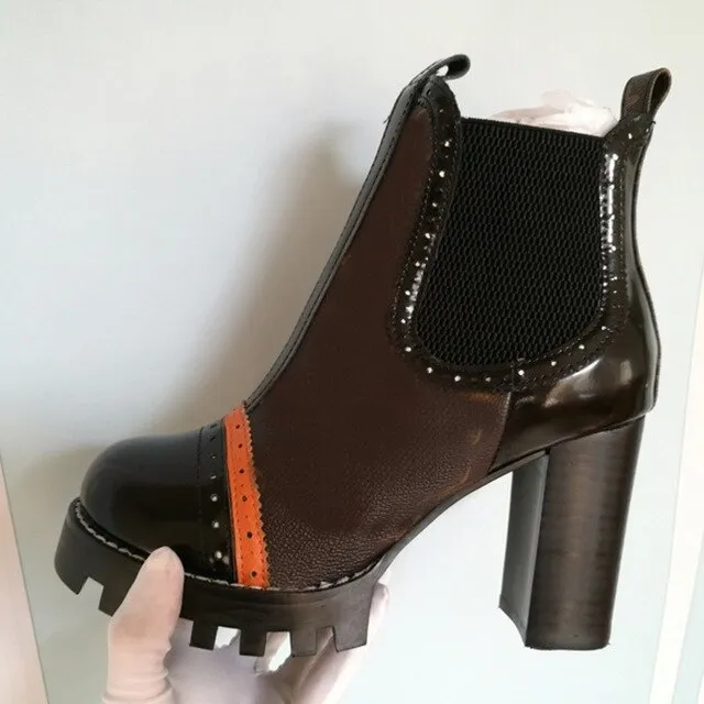 Mixed Colors Women High Heel Ankle Boots Round Toe Thick Bottom