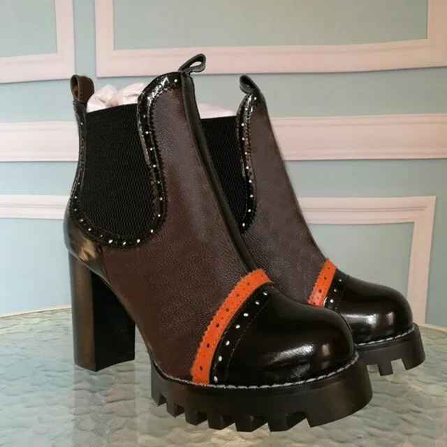 Mixed Colors Women High Heel Ankle Boots Round Toe Thick Bottom