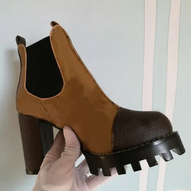 Mixed Colors Women High Heel Ankle Boots Round Toe Thick Bottom