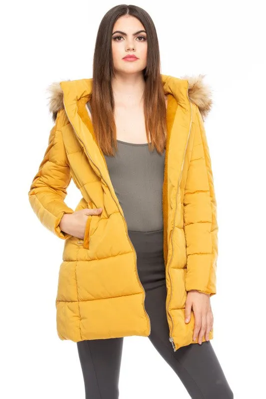 Mustard Puffer Coat with Fur Hood