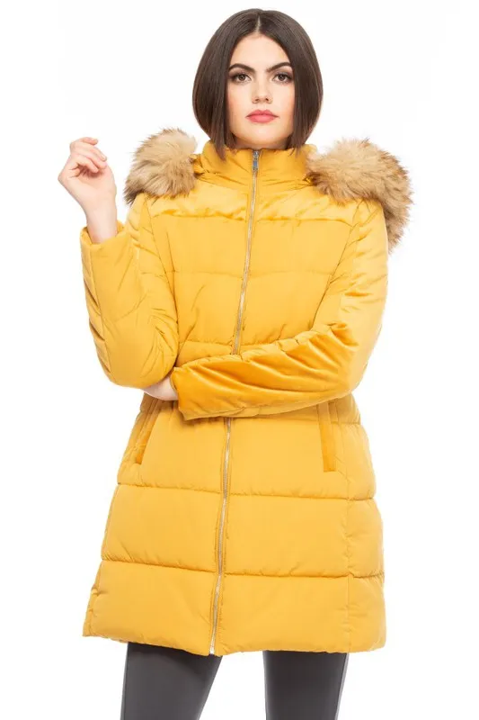 Mustard Puffer Coat with Fur Hood