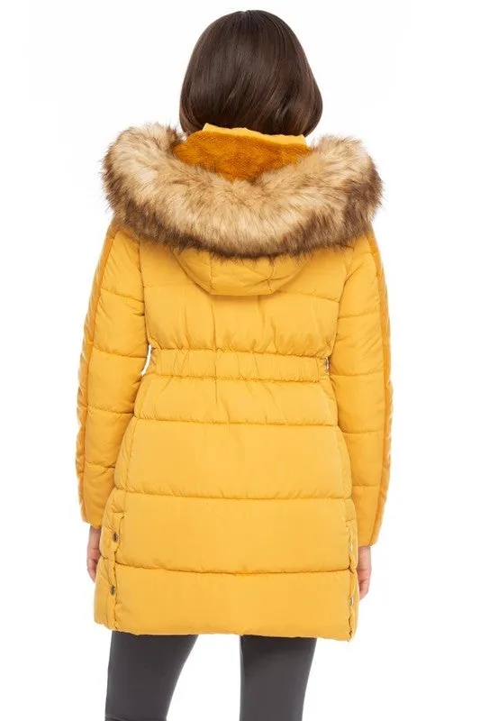 Mustard Puffer Coat with Fur Hood